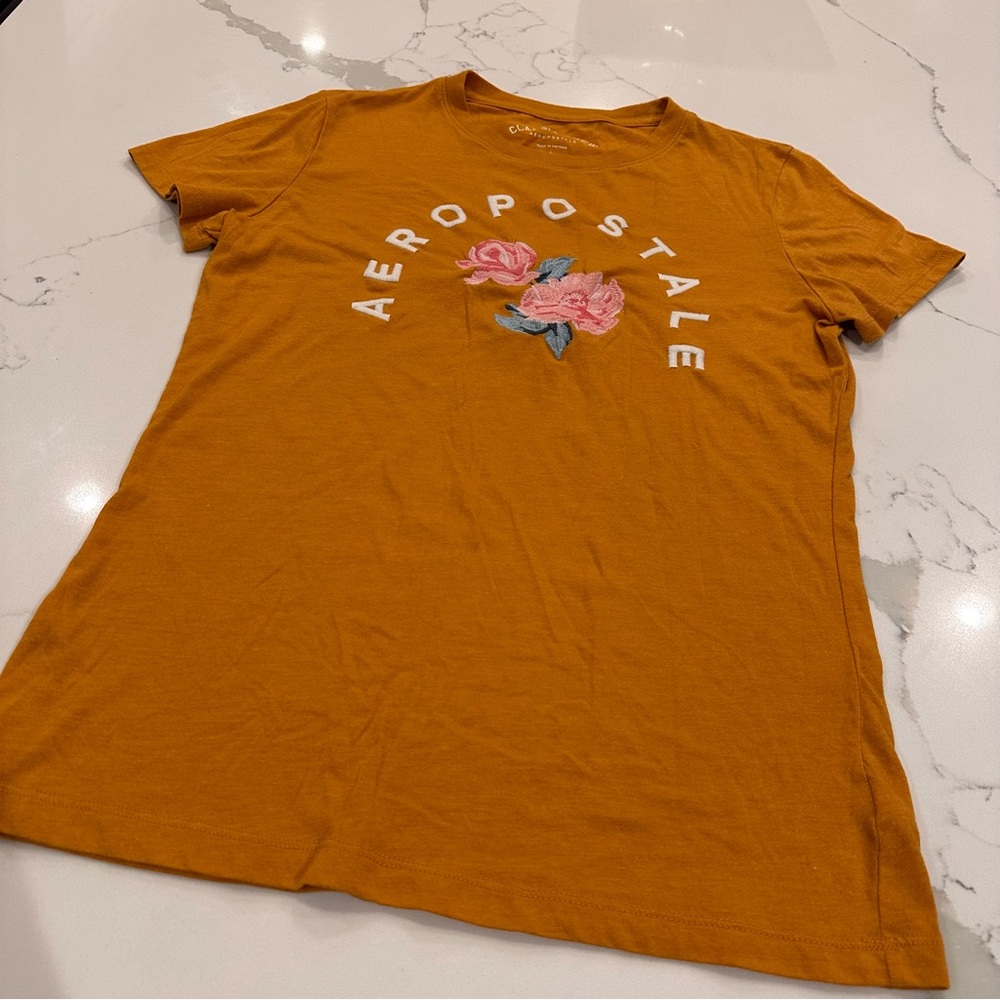 Aeropostale Women’s Classic Crew T-shirt Sz L Logo Graphic Flowers Yellow Pink - Picture 3 of 7